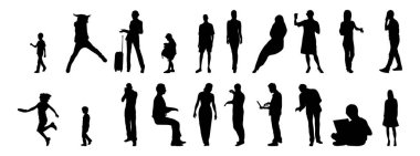 Vektör siluetleri, insanların ana hatları, Contour çizimleri, insanların siluetleri, ikon kümesi izole edilmiş, oturan insanların silueti, mimari set