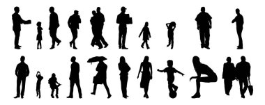 Vektör siluetleri, insanların ana hatları, Contour çizimleri, insanların siluetleri, ikon kümesi izole edilmiş, oturan insanların silueti, mimari set