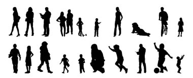 Vektör siluetleri, insanların ana hatları, Contour çizimleri, insanların siluetleri, ikon kümesi izole edilmiş, oturan insanların silueti, mimari set