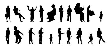 Vektör siluetleri, insanların ana hatları, Contour çizimleri, insanların siluetleri, ikon kümesi izole edilmiş, oturan insanların silueti, mimari set