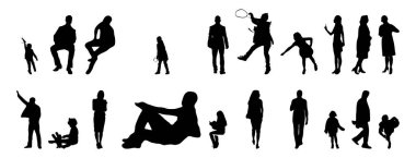 Vektör siluetleri, insanların ana hatları, Contour çizimleri, insanların siluetleri, ikon kümesi izole edilmiş, oturan insanların silueti, mimari set