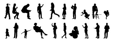 Vektör siluetleri, insanların ana hatları, Contour çizimleri, insanların siluetleri, ikon kümesi izole edilmiş, oturan insanların silueti, mimari set