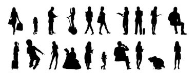 Vektör siluetleri, insanların ana hatları, Contour çizimleri, insanların siluetleri, ikon kümesi izole edilmiş, oturan insanların silueti, mimari set