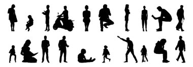 Vektör siluetleri, insanların ana hatları, Contour çizimleri, insanların siluetleri, ikon kümesi izole edilmiş, oturan insanların silueti, mimari set