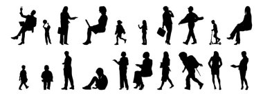 Vektör siluetleri, insanların ana hatları, Contour çizimleri, insanların siluetleri, ikon kümesi izole edilmiş, oturan insanların silueti, mimari set