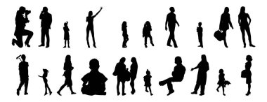 Vektör siluetleri, insanların ana hatları, Contour çizimleri, insanların siluetleri, ikon kümesi izole edilmiş, oturan insanların silueti, mimari set