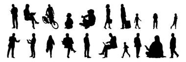 Vektör siluetleri, insanların ana hatları, Contour çizimleri, insanların siluetleri, ikon kümesi izole edilmiş, oturan insanların silueti, mimari set