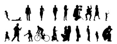 Vektör siluetleri, insanların ana hatları, Contour çizimleri, insanların siluetleri, ikon kümesi izole edilmiş, oturan insanların silueti, mimari set