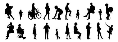 Vektör siluetleri, insanların ana hatları, Contour çizimleri, insanların siluetleri, ikon kümesi izole edilmiş, oturan insanların silueti, mimari set