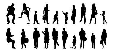 Vektör siluetleri, insanların ana hatları, Contour çizimleri, insanların siluetleri, ikon kümesi izole edilmiş, oturan insanların silueti, mimari set