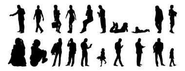 Vektör siluetleri, insanların ana hatları, Contour çizimleri, insanların siluetleri, ikon kümesi izole edilmiş, oturan insanların silueti, mimari set