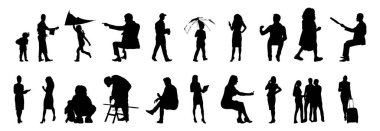 Vektör siluetleri, insanların ana hatları, Contour çizimleri, insanların siluetleri, ikon kümesi izole edilmiş, oturan insanların silueti, mimari set
