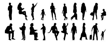 Vektör siluetleri, insanların ana hatları, Contour çizimleri, insanların siluetleri, ikon kümesi izole edilmiş, oturan insanların silueti, mimari set