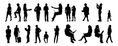 Vektör siluetleri, insanların ana hatları, Contour çizimleri, insanların siluetleri, ikon kümesi izole edilmiş, oturan insanların silueti, mimari set