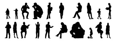 Vektör siluetleri, insanların ana hatları, Contour çizimleri, insanların siluetleri, ikon kümesi izole edilmiş, oturan insanların silueti, mimari set