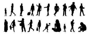 Vektör siluetleri, insanların ana hatları, Contour çizimleri, insanların siluetleri, ikon kümesi izole edilmiş, oturan insanların silueti, mimari set
