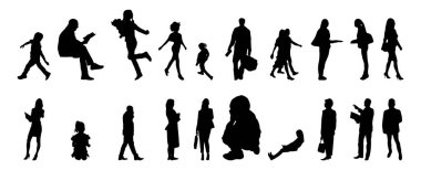 Vektör siluetleri, insanların ana hatları, Contour çizimleri, insanların siluetleri, ikon kümesi izole edilmiş, oturan insanların silueti, mimari set