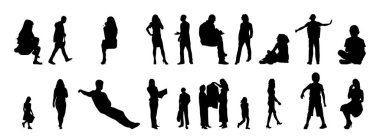 Vektör siluetleri, insanların ana hatları, Contour çizimleri, insanların siluetleri, ikon kümesi izole edilmiş, oturan insanların silueti, mimari set