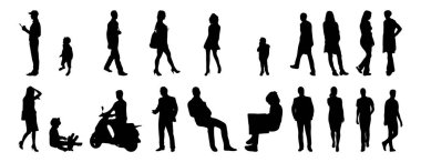 Vektör siluetleri, insanların ana hatları, Contour çizimleri, insanların siluetleri, ikon kümesi izole edilmiş, oturan insanların silueti, mimari set