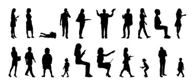 Vektör siluetleri, insanların ana hatları, Contour çizimleri, insanların siluetleri, ikon kümesi izole edilmiş, oturan insanların silueti, mimari set