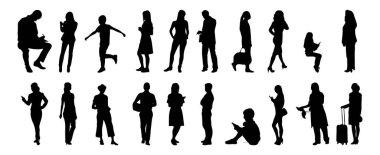 Vektör siluetleri, insanların ana hatları, Contour çizimleri, insanların siluetleri, ikon kümesi izole edilmiş, oturan insanların silueti, mimari set