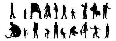 Vektör siluetleri, insanların ana hatları, Contour çizimleri, insanların siluetleri, ikon kümesi izole edilmiş, oturan insanların silueti, mimari set