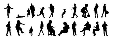 Vektör siluetleri, insanların ana hatları, Contour çizimleri, insanların siluetleri, ikon kümesi izole edilmiş, oturan insanların silueti, mimari set