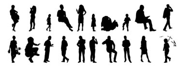 Vektör siluetleri, insanların ana hatları, Contour çizimleri, insanların siluetleri, ikon kümesi izole edilmiş, oturan insanların silueti, mimari set