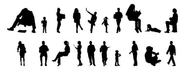 Vektör siluetleri, insanların ana hatları, Contour çizimleri, insanların siluetleri, ikon kümesi izole edilmiş, oturan insanların silueti, mimari set