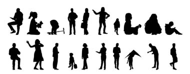 Vektör siluetleri, insanların ana hatları, Contour çizimleri, insanların siluetleri, ikon kümesi izole edilmiş, oturan insanların silueti, mimari set