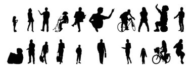 Vektör siluetleri, insanların ana hatları, Contour çizimleri, insanların siluetleri, ikon kümesi izole edilmiş, oturan insanların silueti, mimari set