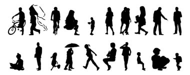 Vektör siluetleri, insanların ana hatları, Contour çizimleri, insanların siluetleri, ikon kümesi izole edilmiş, oturan insanların silueti, mimari set