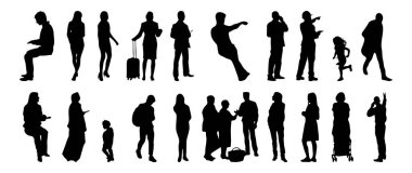 Vektör siluetleri, insanların ana hatları, Contour çizimleri, insanların siluetleri, ikon kümesi izole edilmiş, oturan insanların silueti, mimari set