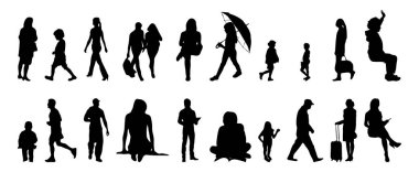 Vektör siluetleri, insanların ana hatları, Contour çizimleri, insanların siluetleri, ikon kümesi izole edilmiş, oturan insanların silueti, mimari set