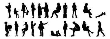 Vektör siluetleri, insanların ana hatları, Contour çizimleri, insanların siluetleri, ikon kümesi izole edilmiş, oturan insanların silueti, mimari set