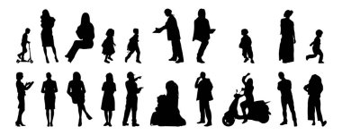 Vektör siluetleri, insanların ana hatları, Contour çizimleri, insanların siluetleri, ikon kümesi izole edilmiş, oturan insanların silueti, mimari set