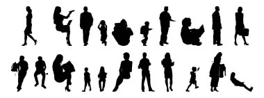 Vektör siluetleri, insanların ana hatları, Contour çizimleri, insanların siluetleri, ikon kümesi izole edilmiş, oturan insanların silueti, mimari set