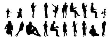 Vektör siluetleri, insanların ana hatları, Contour çizimleri, insanların siluetleri, ikon kümesi izole edilmiş, oturan insanların silueti, mimari set