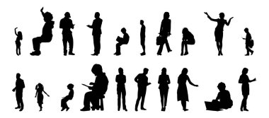 Vektör siluetleri, insanların ana hatları, Contour çizimleri, insanların siluetleri, ikon kümesi izole edilmiş, oturan insanların silueti, mimari set