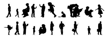 Vektör siluetleri, insanların ana hatları, Contour çizimleri, insanların siluetleri, ikon kümesi izole edilmiş, oturan insanların silueti, mimari set