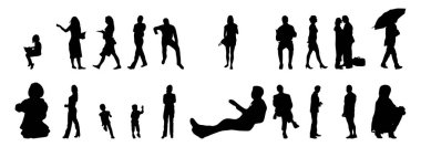 Vektör siluetleri, insanların ana hatları, Contour çizimleri, insanların siluetleri, ikon kümesi izole edilmiş, oturan insanların silueti, mimari set