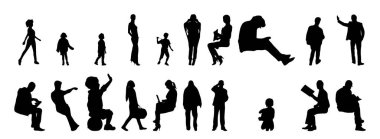 Vektör siluetleri, insanların ana hatları, Contour çizimleri, insanların siluetleri, ikon kümesi izole edilmiş, oturan insanların silueti, mimari set