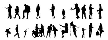 Vektör siluetleri, insanların ana hatları, Contour çizimleri, insanların siluetleri, ikon kümesi izole edilmiş, oturan insanların silueti, mimari set