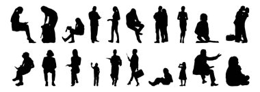 Vektör siluetleri, insanların ana hatları, Contour çizimleri, insanların siluetleri, ikon kümesi izole edilmiş, oturan insanların silueti, mimari set