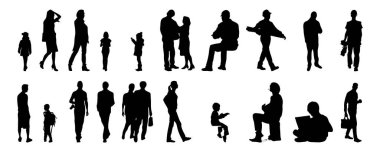 Vektör siluetleri, insanların ana hatları, Contour çizimleri, insanların siluetleri, ikon kümesi izole edilmiş, oturan insanların silueti, mimari set