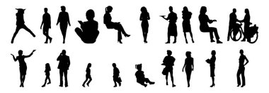 Vektör siluetleri, insanların ana hatları, Contour çizimleri, insanların siluetleri, ikon kümesi izole edilmiş, oturan insanların silueti, mimari set