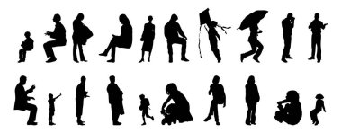 Vektör siluetleri, insanların ana hatları, Contour çizimleri, insanların siluetleri, ikon kümesi izole edilmiş, oturan insanların silueti, mimari set