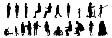 Vektör siluetleri, insanların ana hatları, Contour çizimleri, insanların siluetleri, ikon kümesi izole edilmiş, oturan insanların silueti, mimari set