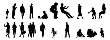 Vektör siluetleri, insanların ana hatları, Contour çizimleri, insanların siluetleri, ikon kümesi izole edilmiş, oturan insanların silueti, mimari set