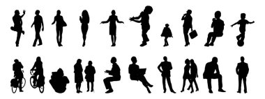 Vektör siluetleri, insanların ana hatları, Contour çizimleri, insanların siluetleri, ikon kümesi izole edilmiş, oturan insanların silueti, mimari set